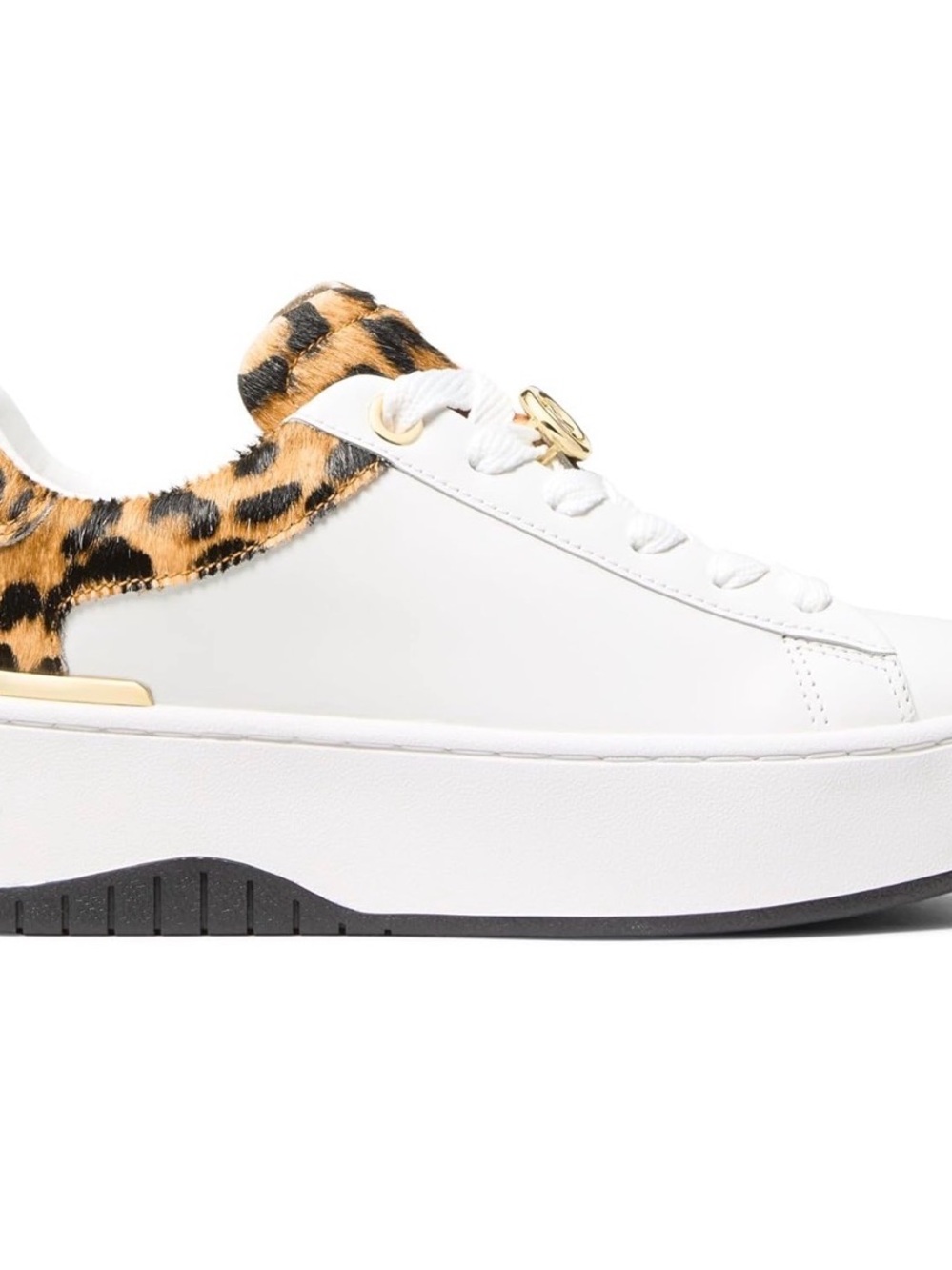Michael Kors White Leather Sneaker with Leopard Trim